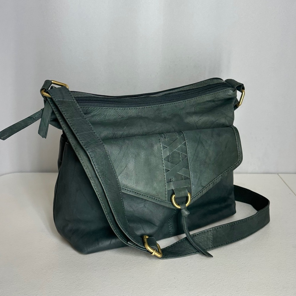 Great American Leather Works Green Leather Crossbody Bag Woven Brass
